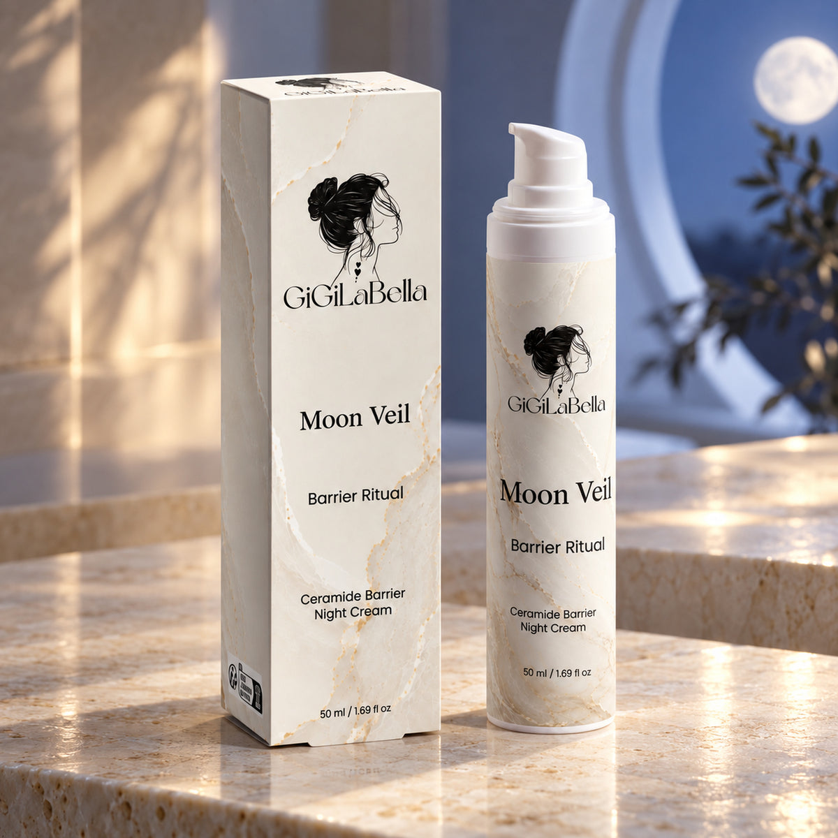 Moon Veil ceramide barrier night cream bottle and carton in a moonlit luxury setting