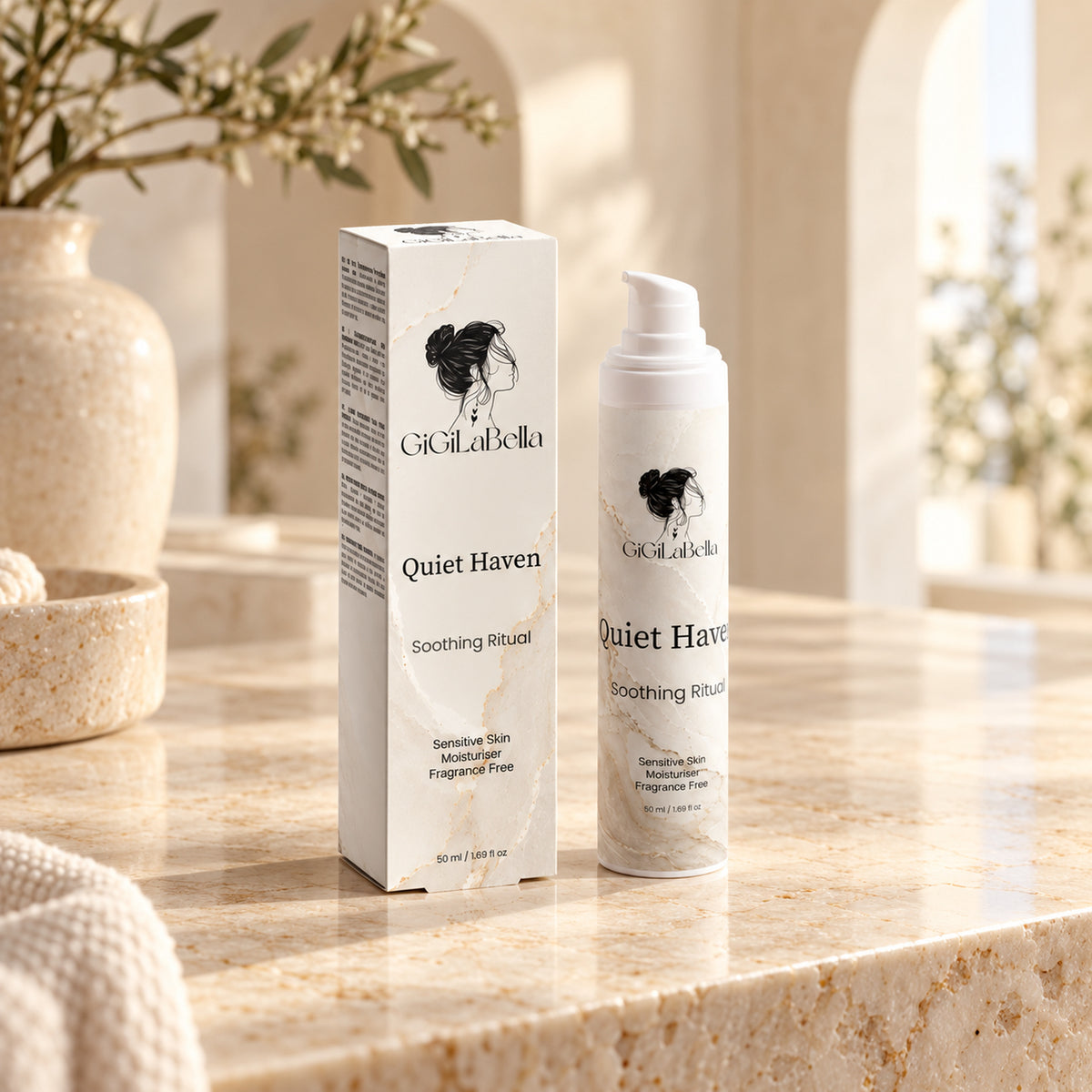 Quiet Haven fragrance-free sensitive skin moisturiser bottle and carton on an ivory marble vanity