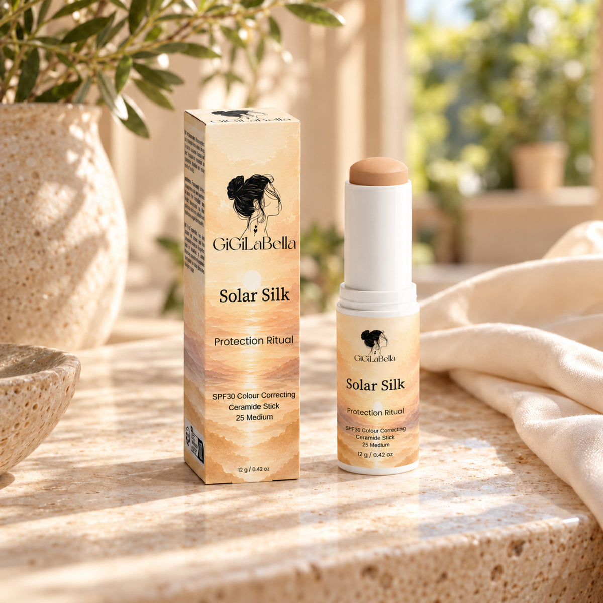 Solar Silk SPF30 colour-correcting ceramide stick in shade 25 Medium with branded carton
