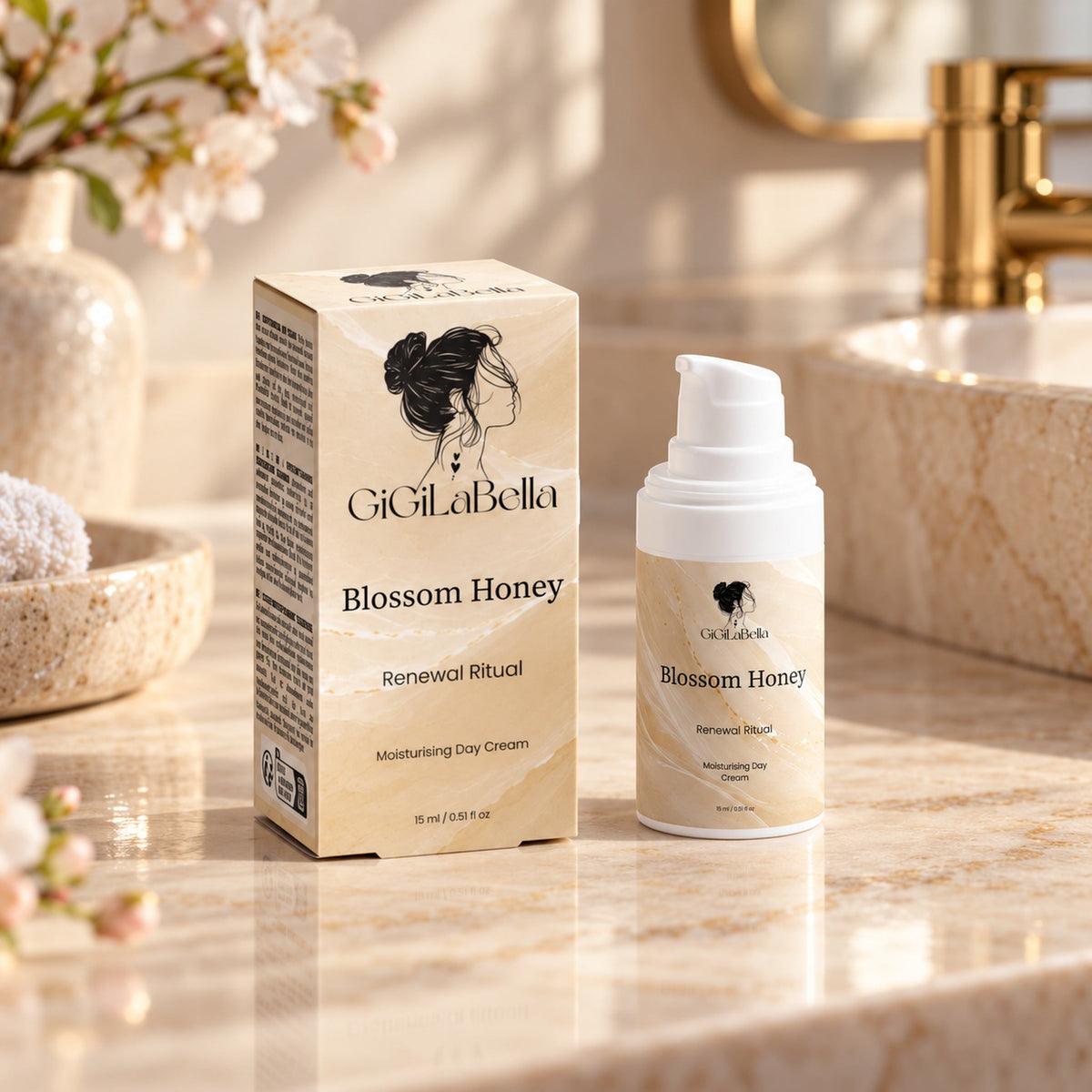 Blossom Honey 15 ml moisturising day cream bottle and carton on a sunlit limestone vanity