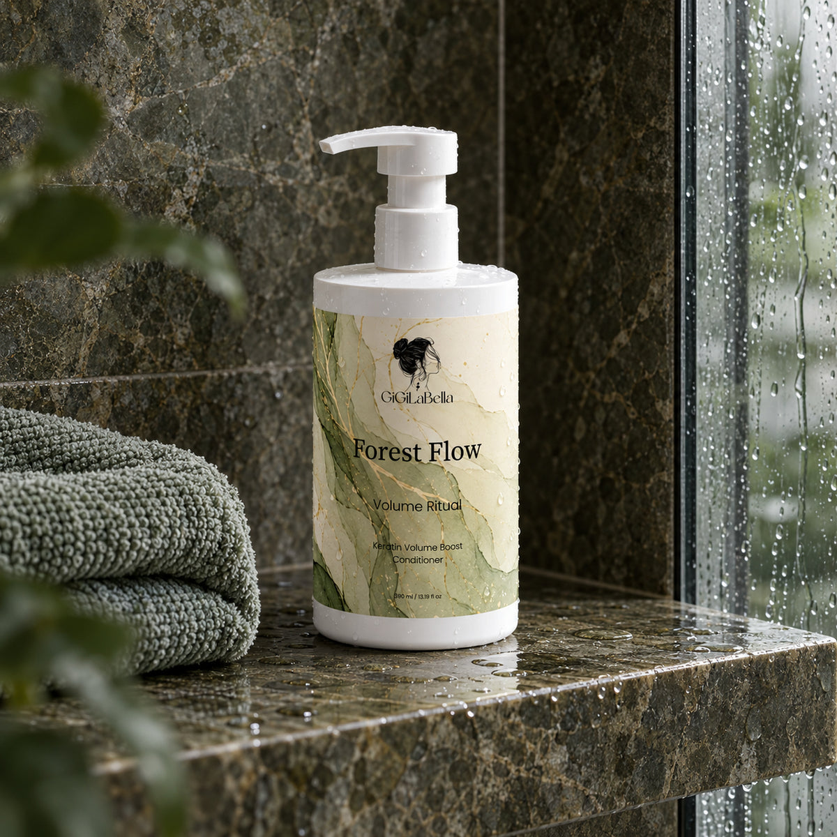 Forest Flow conditioner standing in a luxury shower with water and soft foam