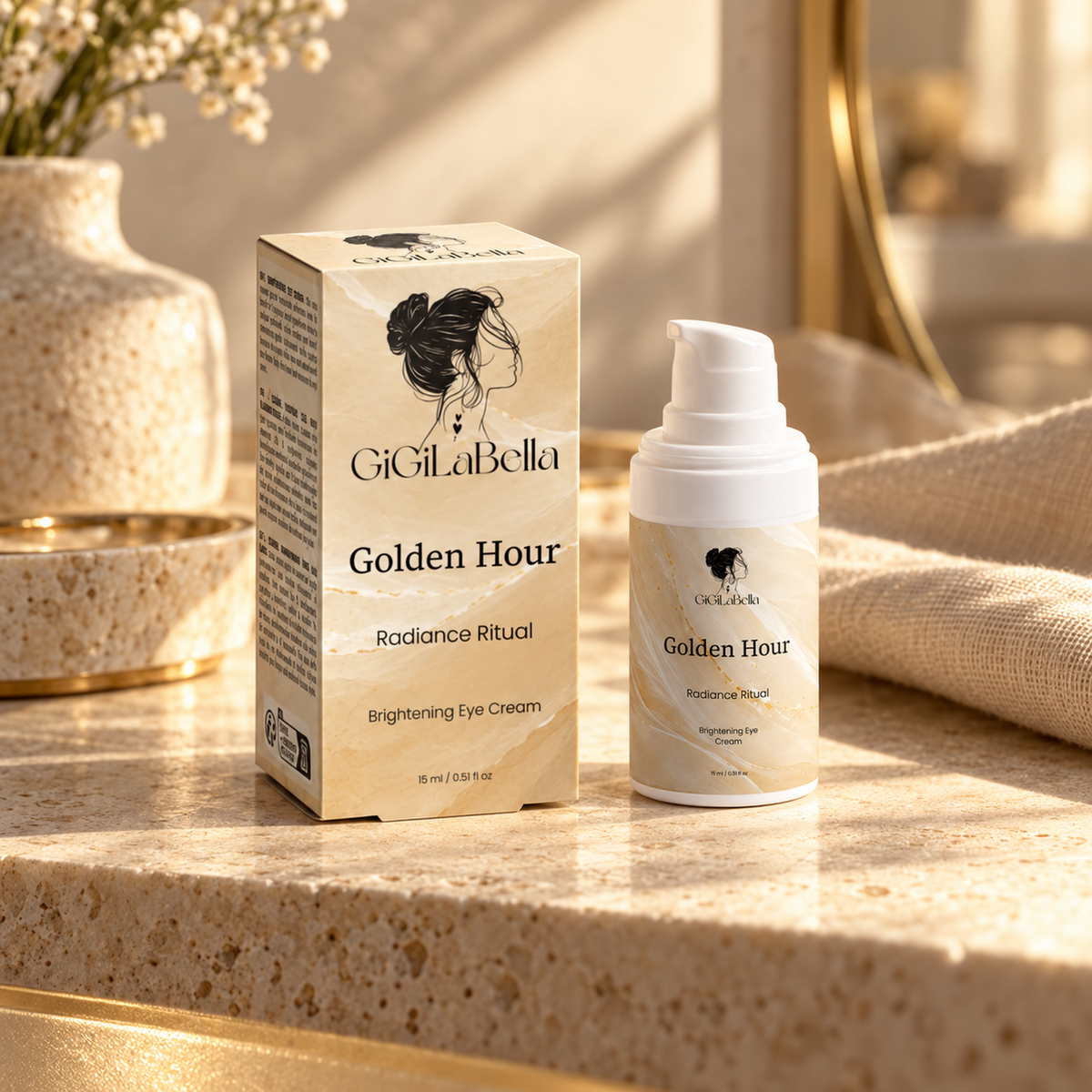 Golden Hour 15 ml eye cream and carton on a pale limestone vanity in morning light