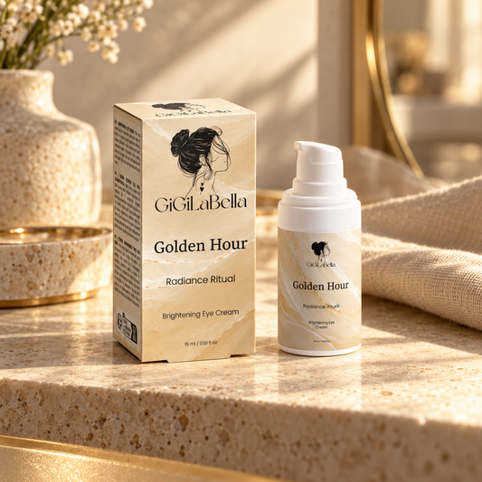 Golden Hour 15 ml eye cream and carton on a pale limestone vanity in morning light
