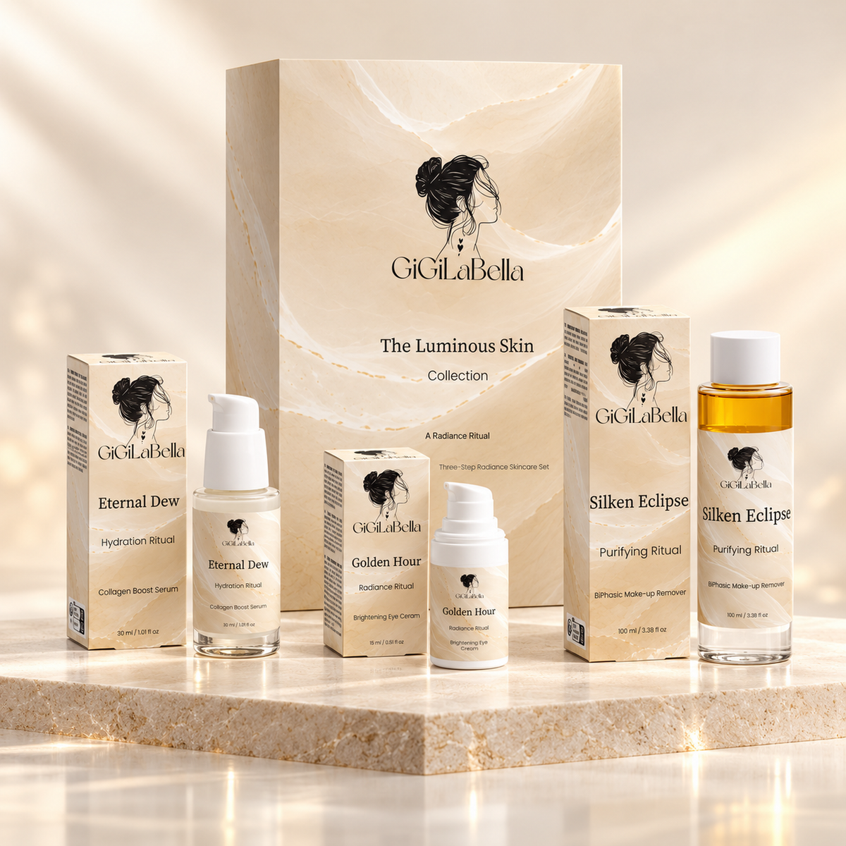 The Luminous Skin Collection gift set with Silken Eclipse, Eternal Dew and Golden Hour beside the presentation box
