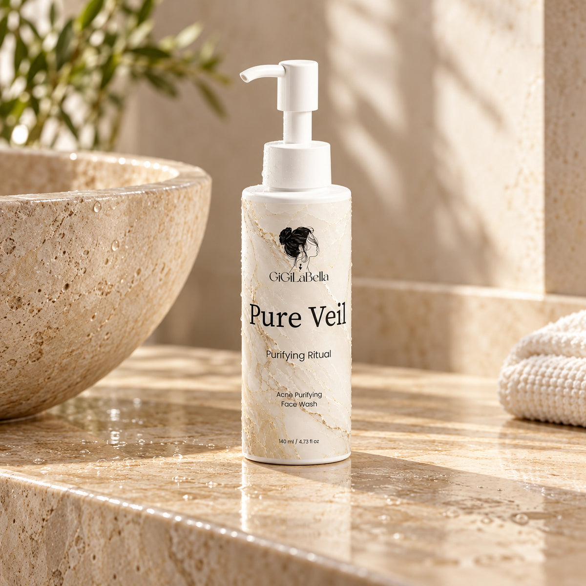 Pure Veil face wash on a sunlit limestone bathroom vanity