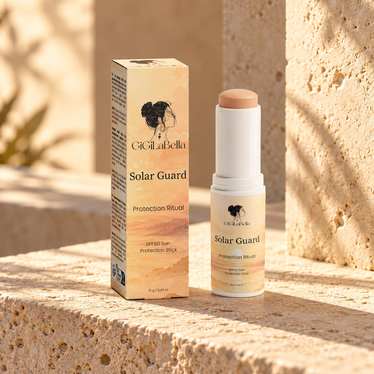 Solar Guard SPF 50 tinted stick and illustrated carton on a sunlit travertine ledge