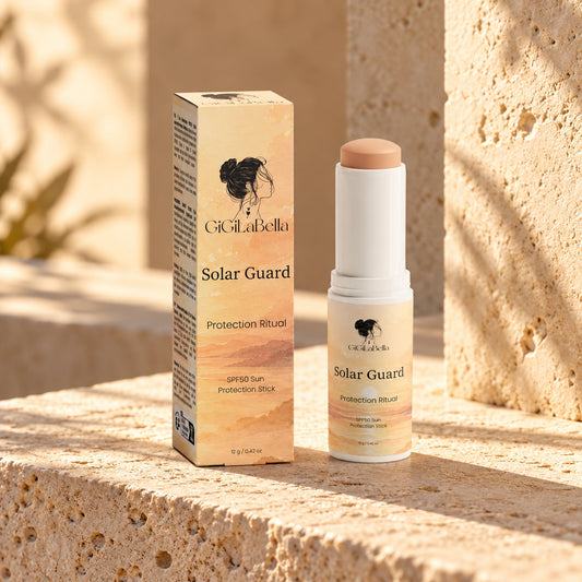Solar Guard SPF 50 tinted stick and illustrated carton on a sunlit travertine ledge