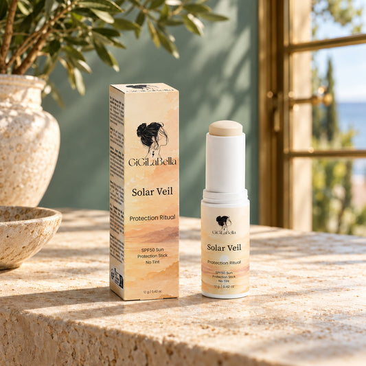 Solar Veil SPF 50 untinted stick and illustrated carton on limestone in a refined orangery