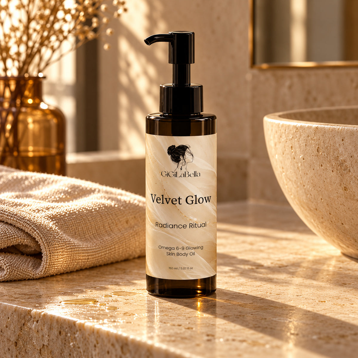 Velvet Glow body oil standing on sunlit limestone vanity beside folded linen