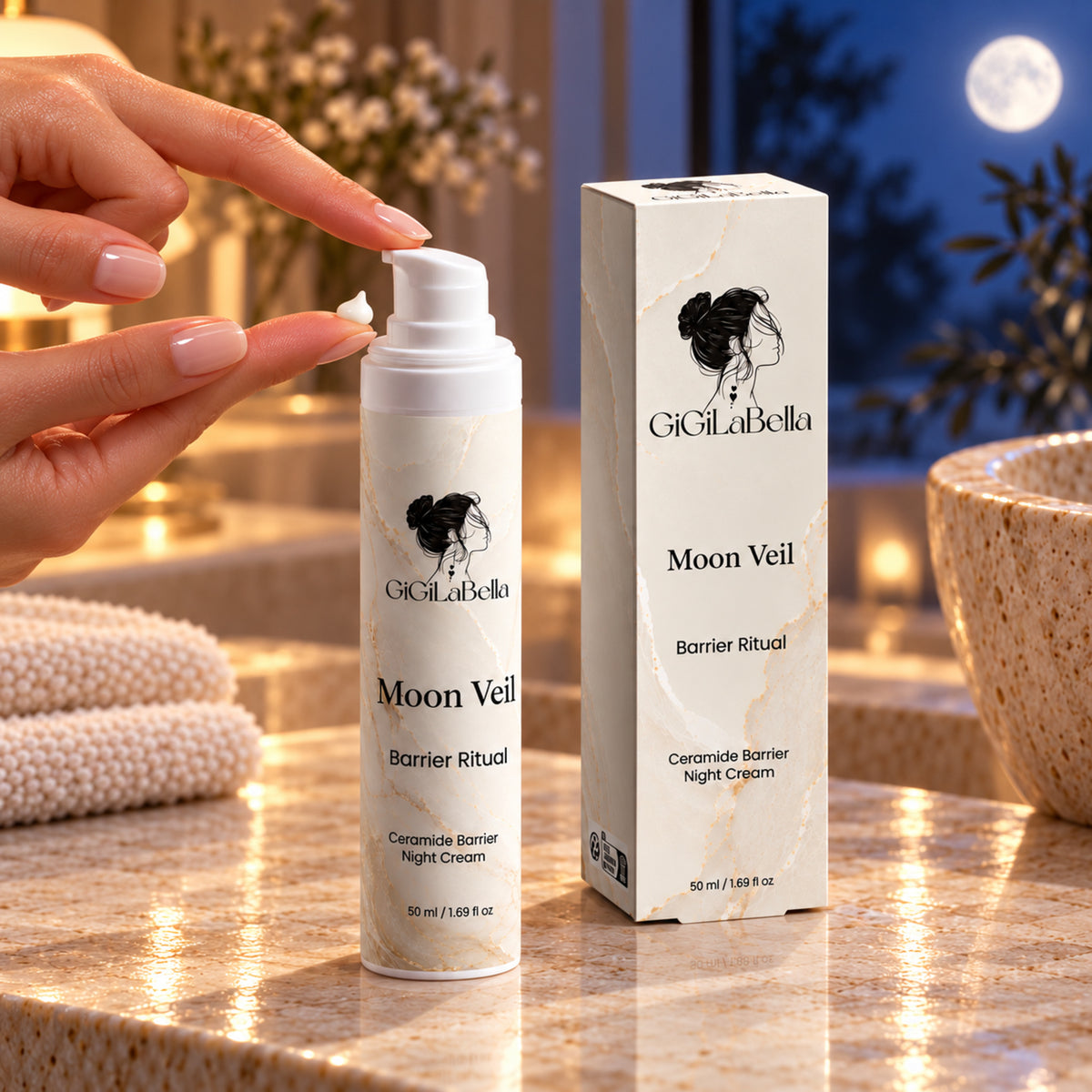 Moon Veil night cream dispensed from its curved airless pump onto a fingertip