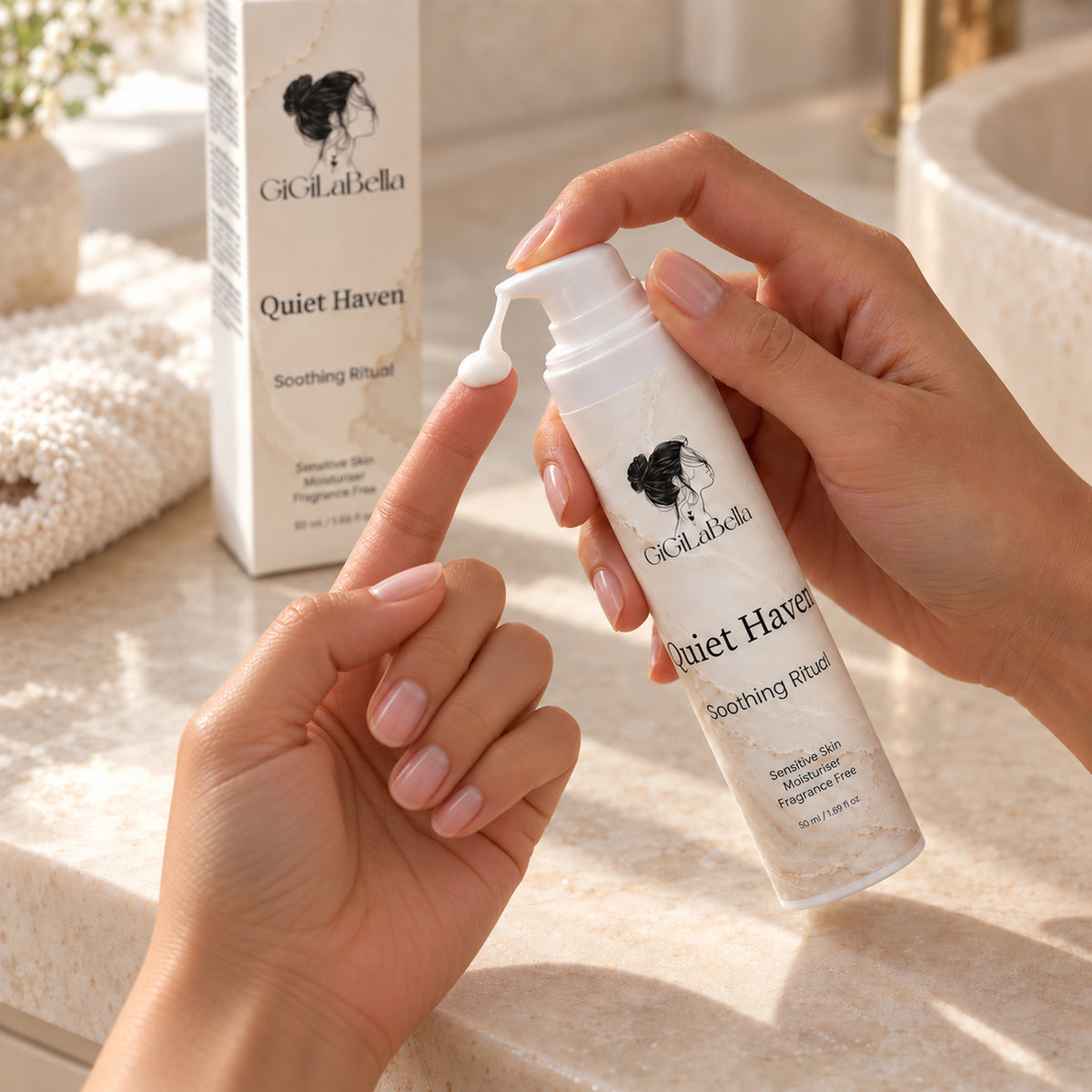 Hands dispensing Quiet Haven moisturiser onto a fingertip beside its carton