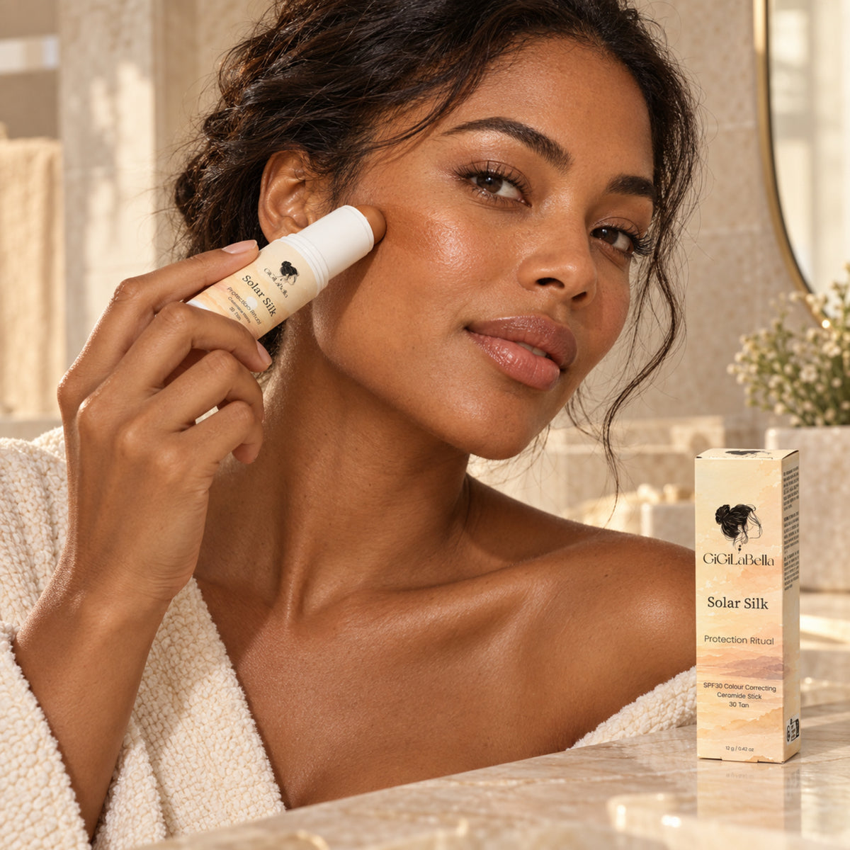 Woman applying GiGiLaBella Solar Silk SPF30 ceramide stick in shade 30 Tan with the carton displayed