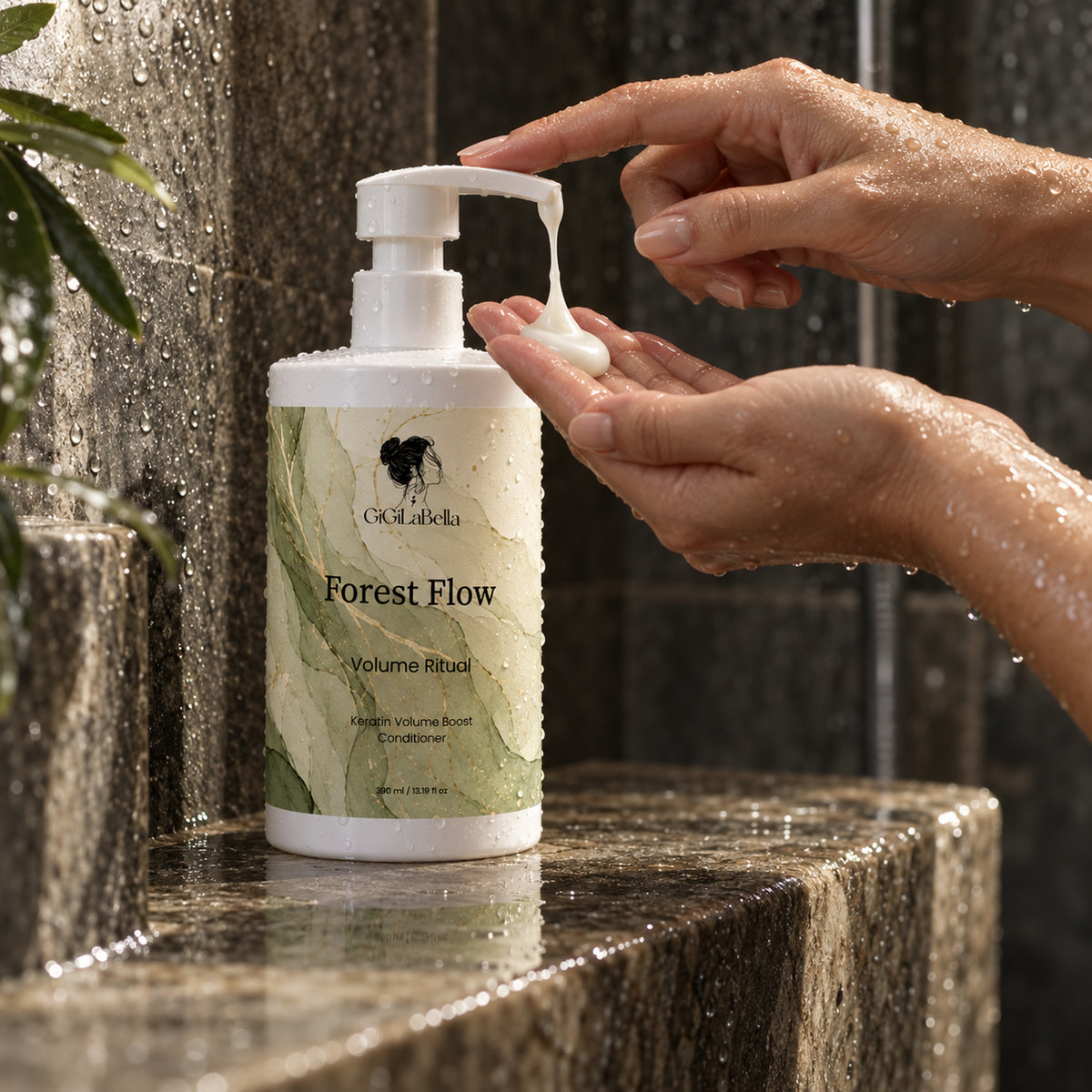 Wet hands reaching for Forest Flow conditioner in the shower