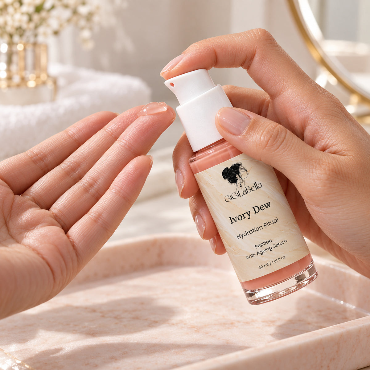 Hands dispensing Ivory Dew serum from the angled white pump onto fingertips