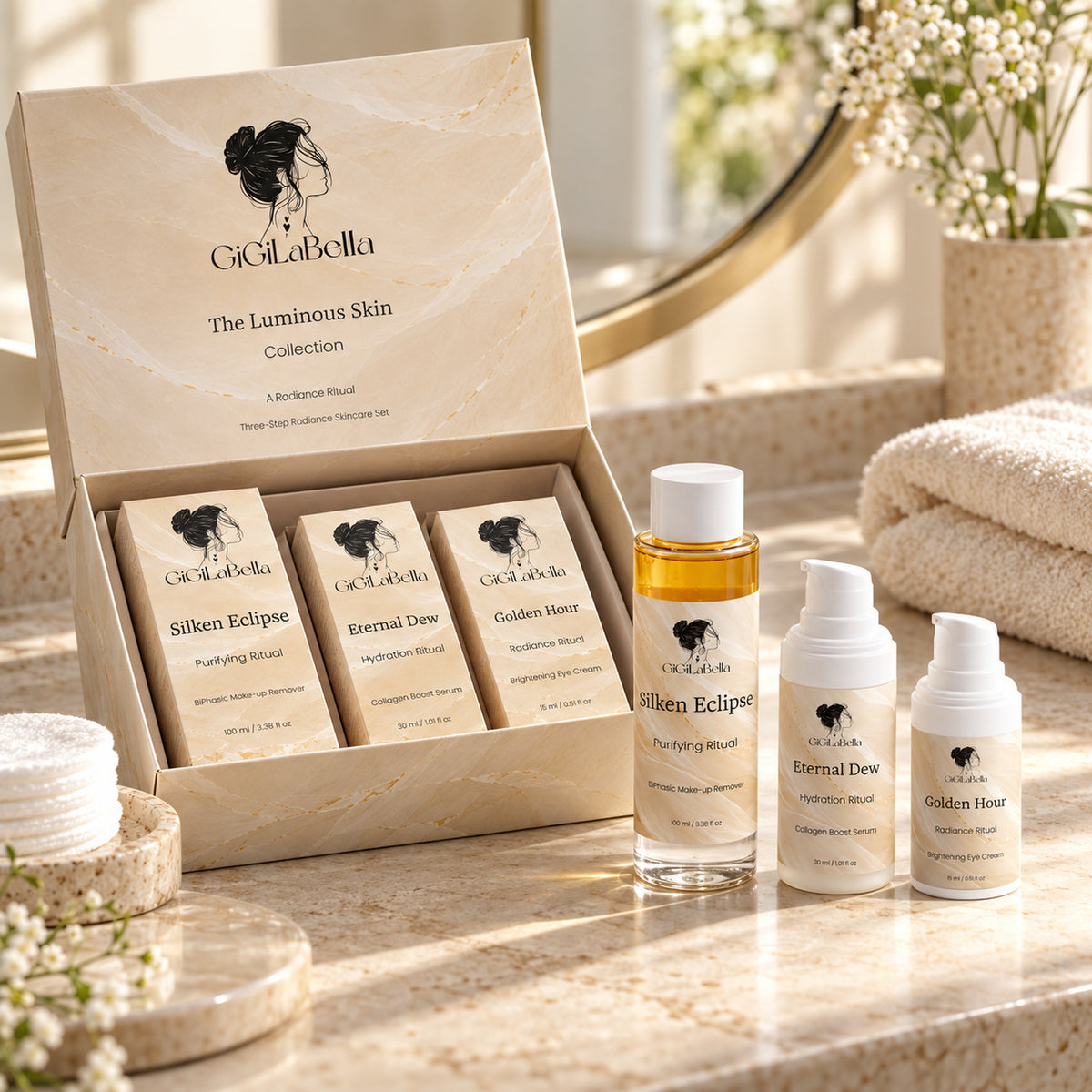 Silken Eclipse, Eternal Dew and Golden Hour arranged as the three-step Luminous Skin skincare ritual