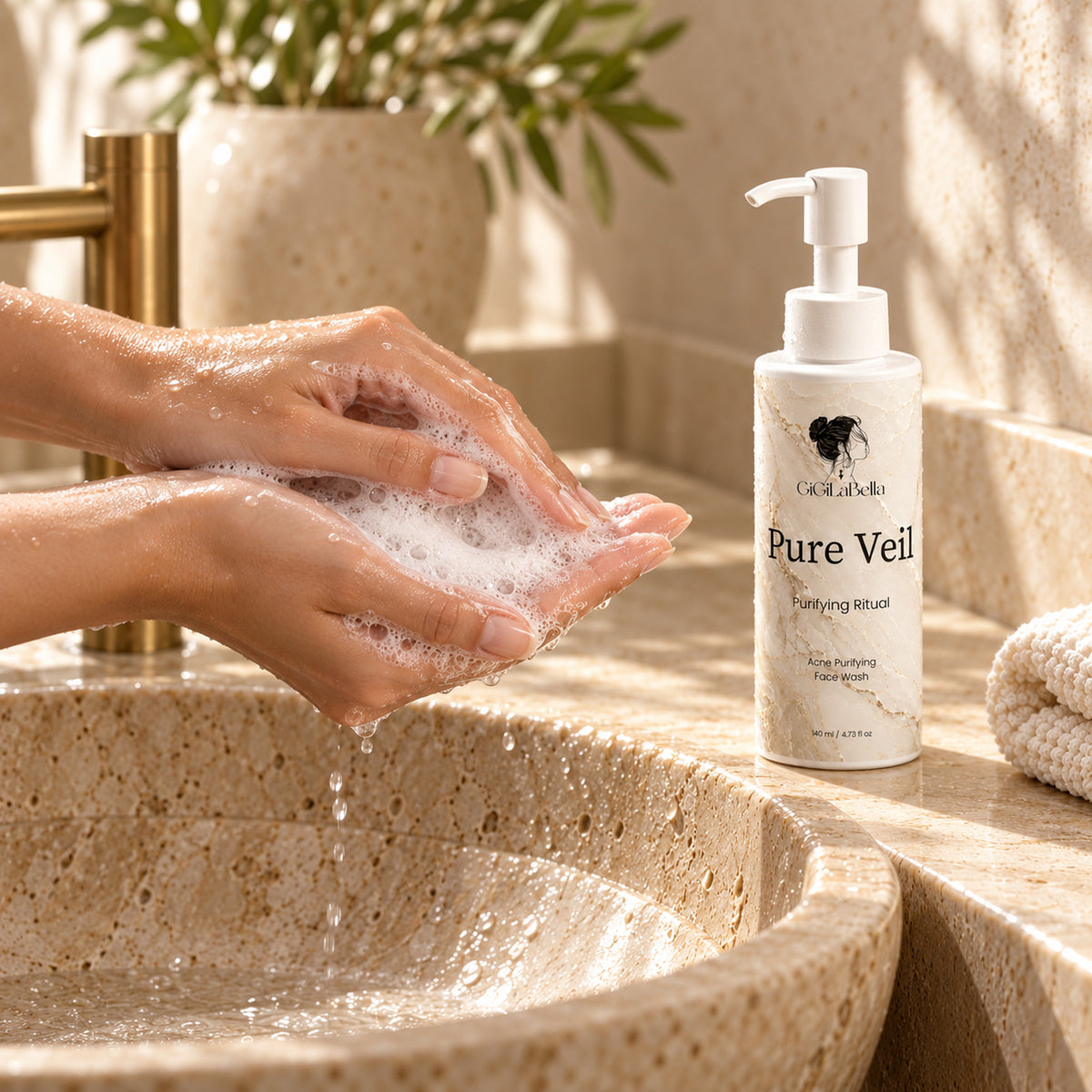 Wet hands lather Pure Veil face wash beside a limestone basin
