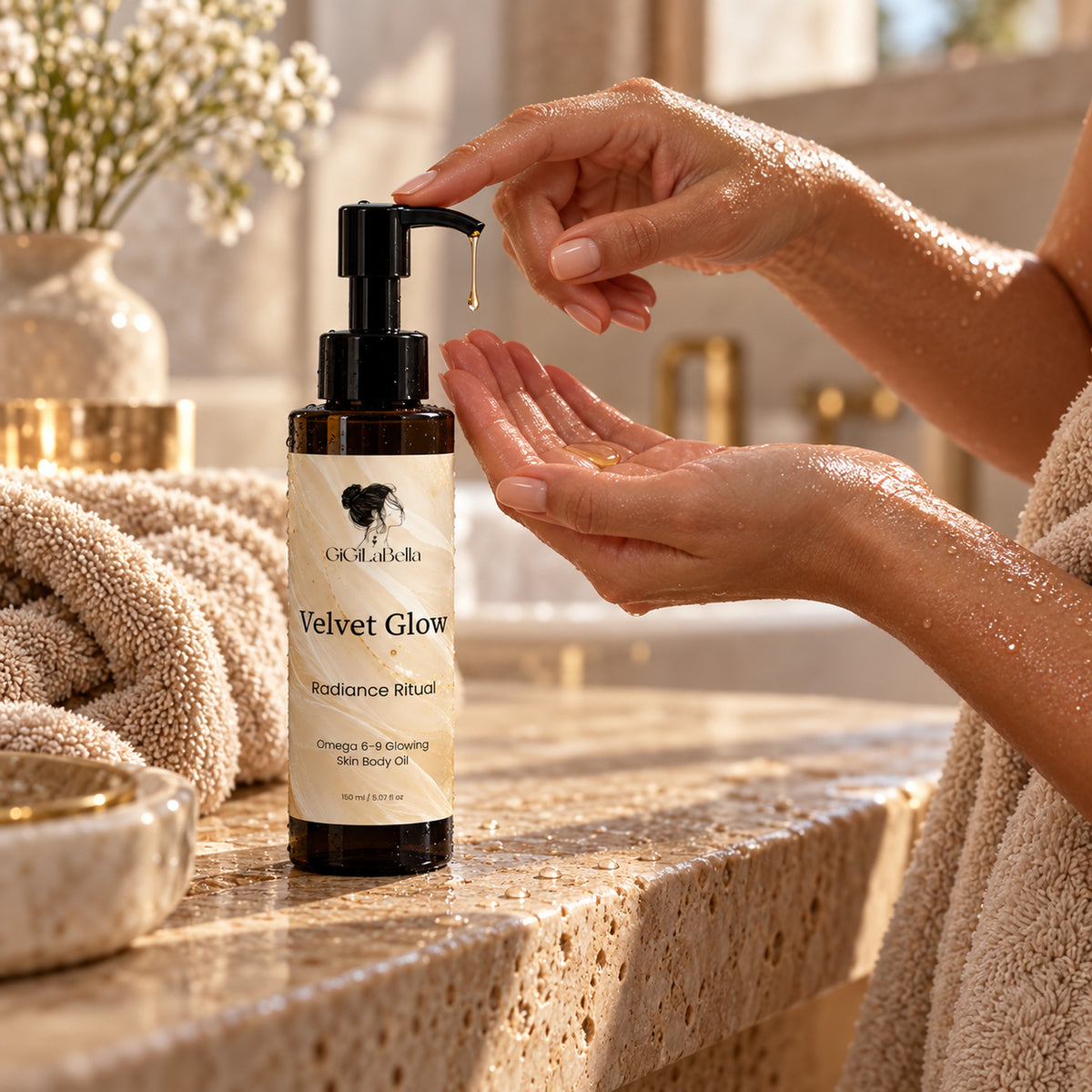 Hands dispensing Velvet Glow body oil into palm at a stone vanity