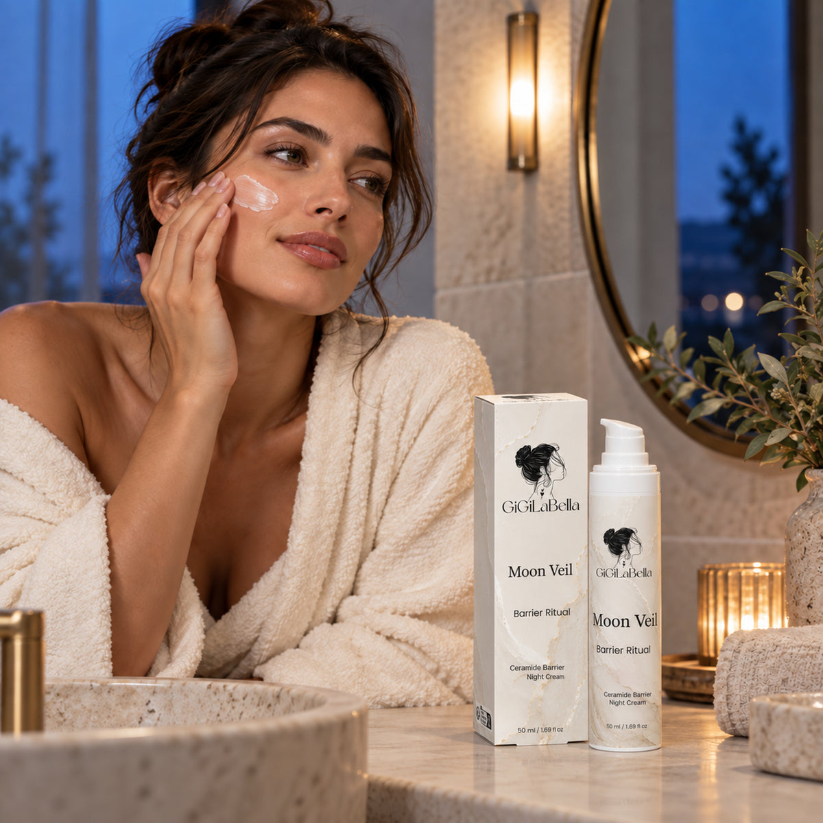 Woman applying Moon Veil ceramide night cream at blue hour
