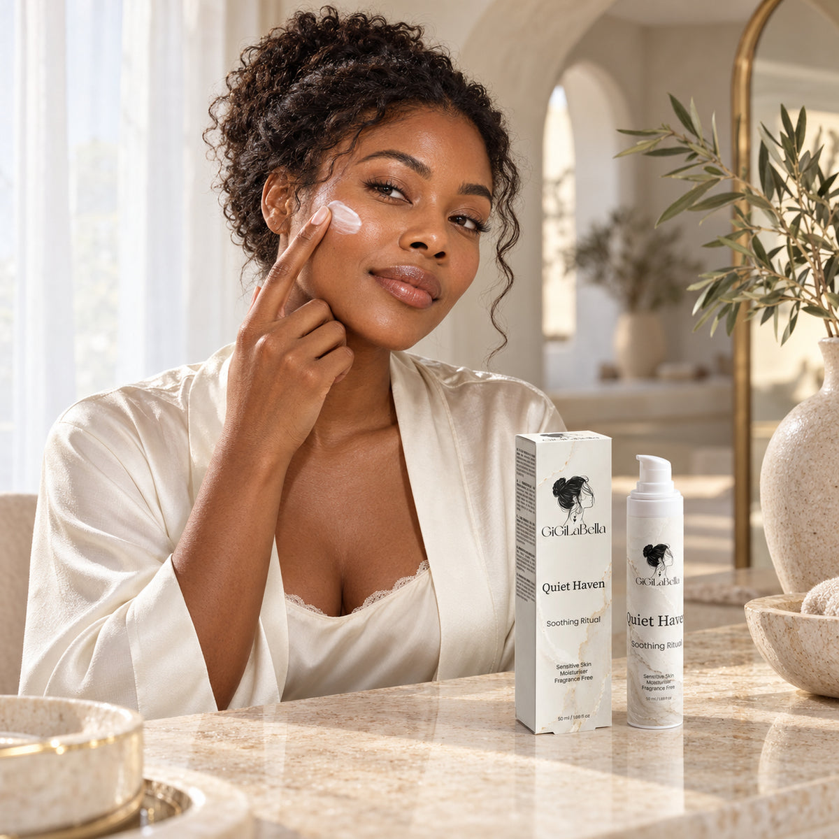 Woman applying Quiet Haven moisturiser to her cheek beside the bottle and carton