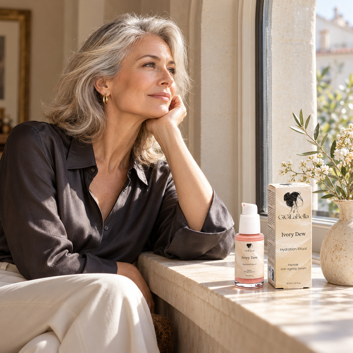 Silver-haired woman at a sunny window beside Ivory Dew serum and carton