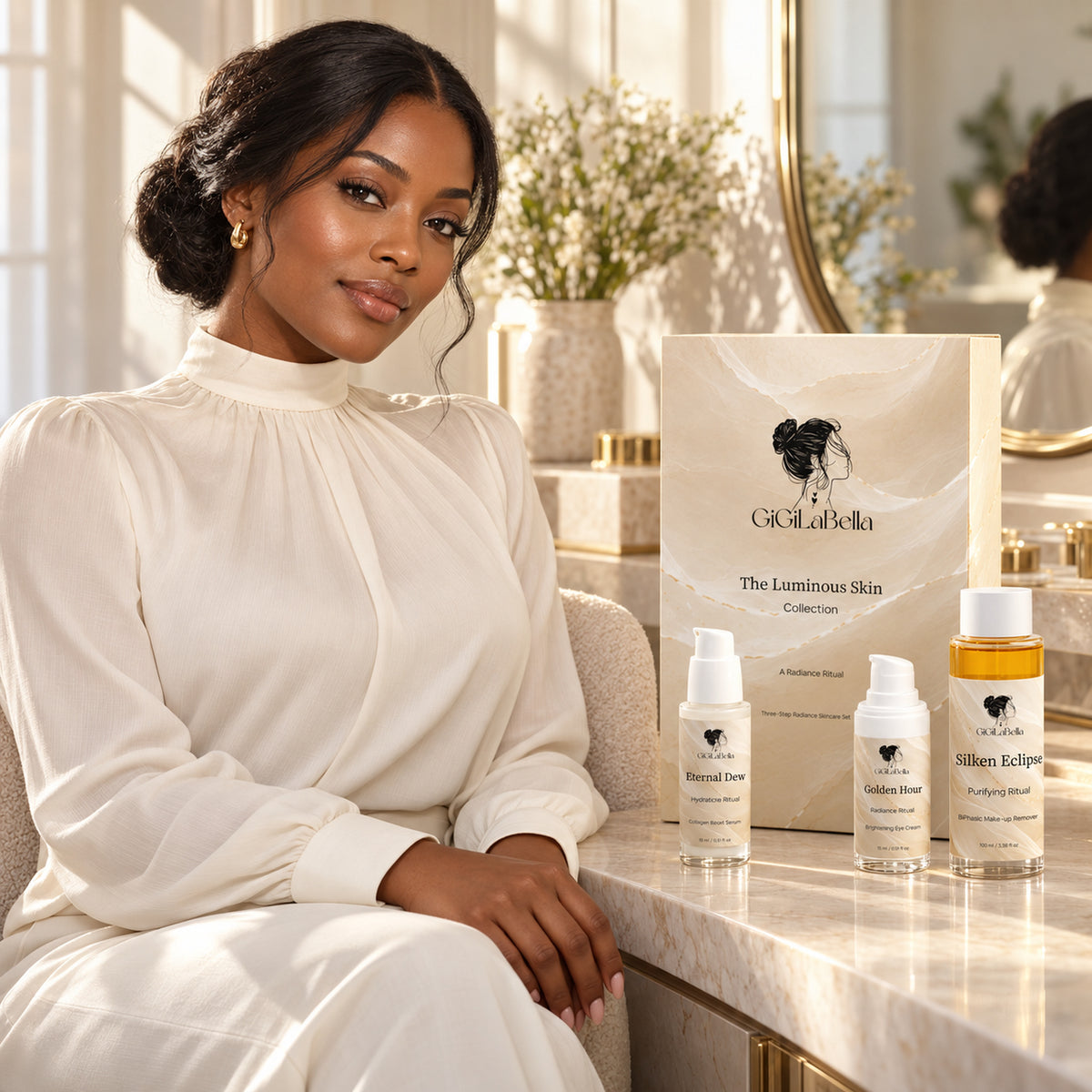 Black model beside The Luminous Skin Collection gift set in a luxury skincare setting