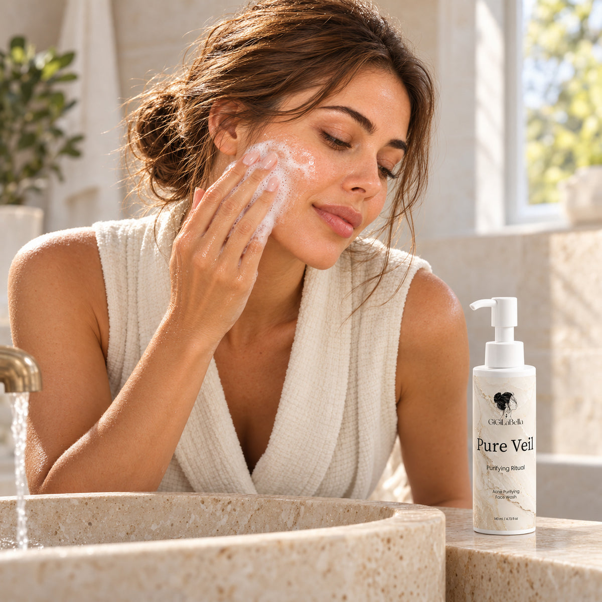 Woman gently cleansing her cheek with Pure Veil by a stone basin