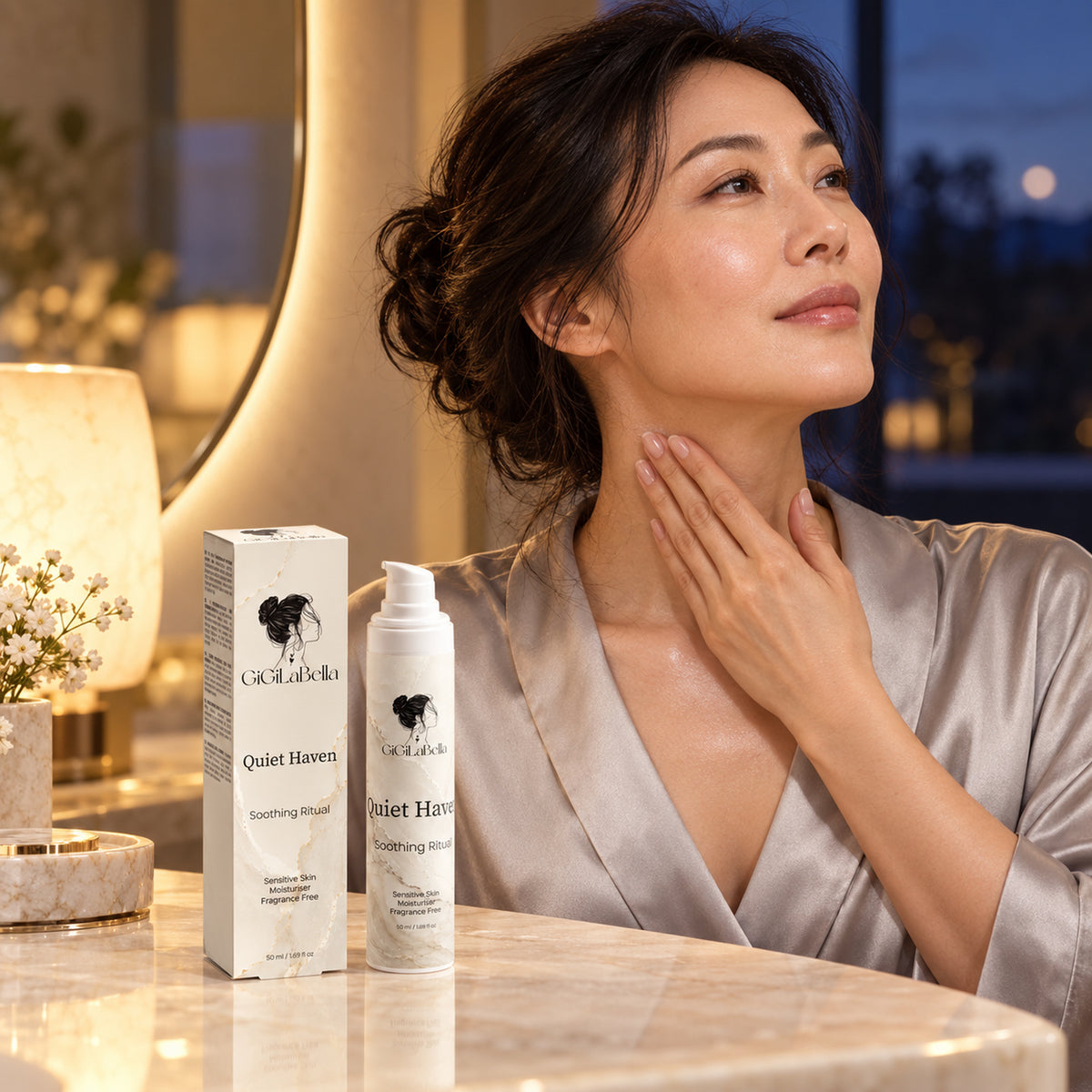Woman smoothing Quiet Haven moisturiser over her neck beside the bottle and carton
