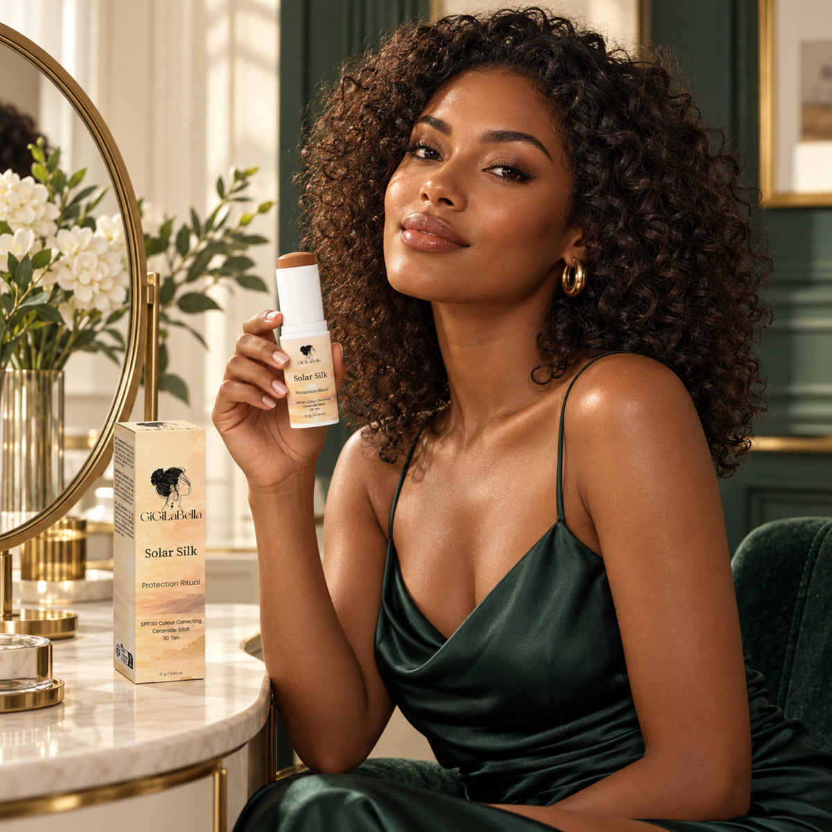 Woman in forest-green silk presenting GiGiLaBella Solar Silk SPF30 stick in shade 30 Tan