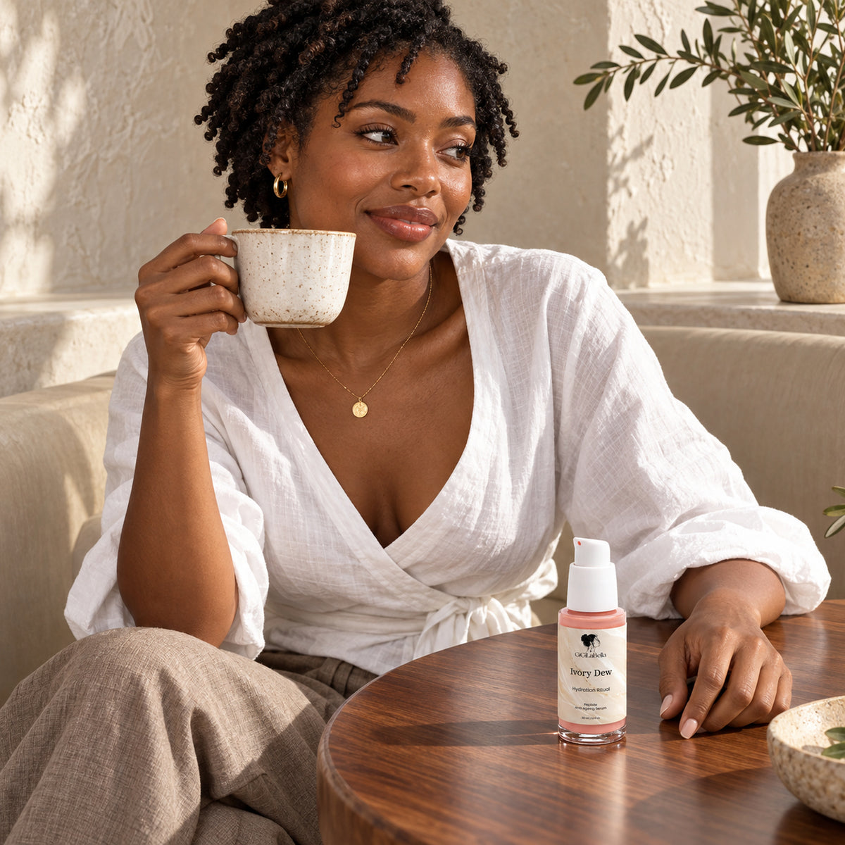 Woman holding a ceramic cup beside a naturally scaled Ivory Dew serum at a walnut table