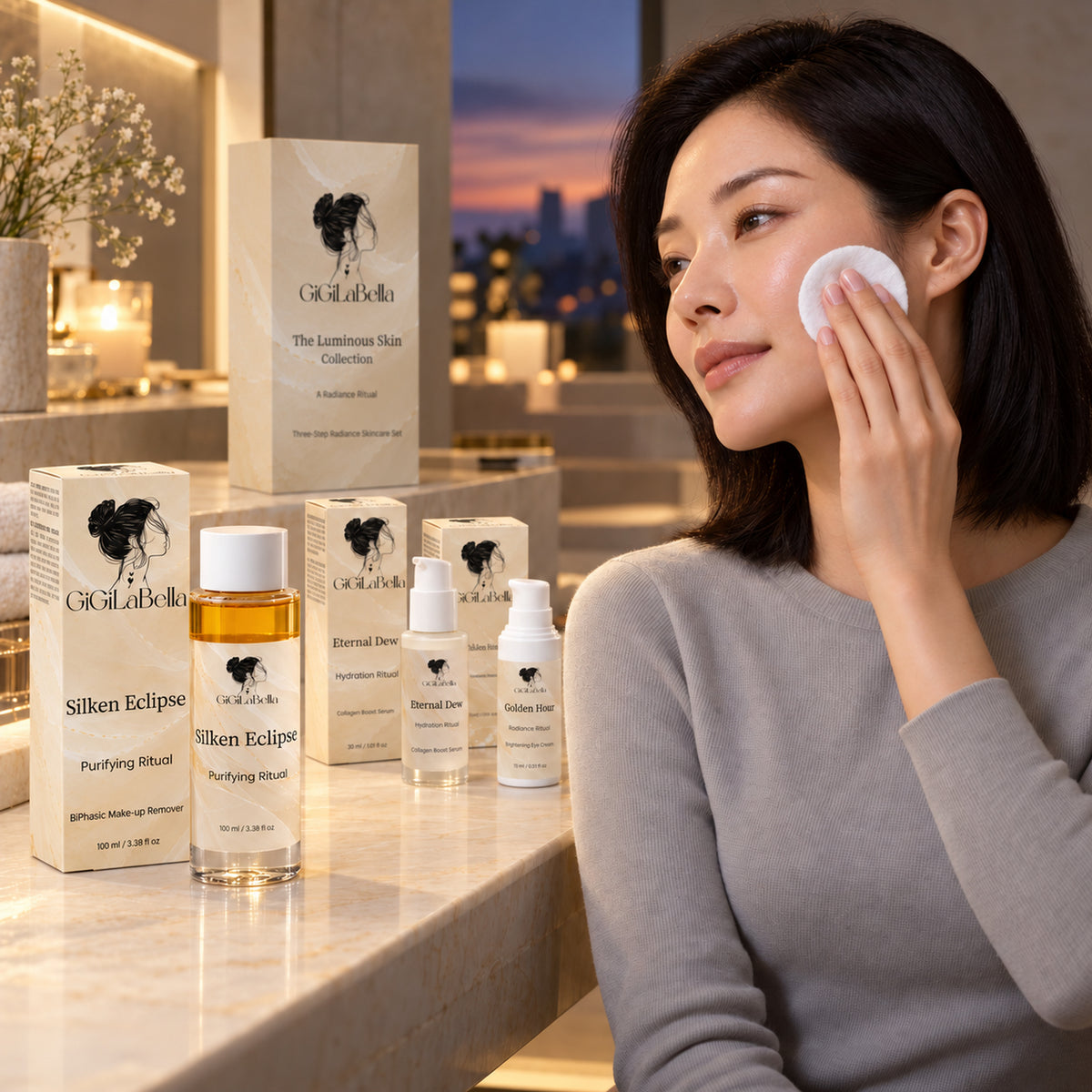 East Asian model using Silken Eclipse beside The Luminous Skin Collection with the slimmer presentation box