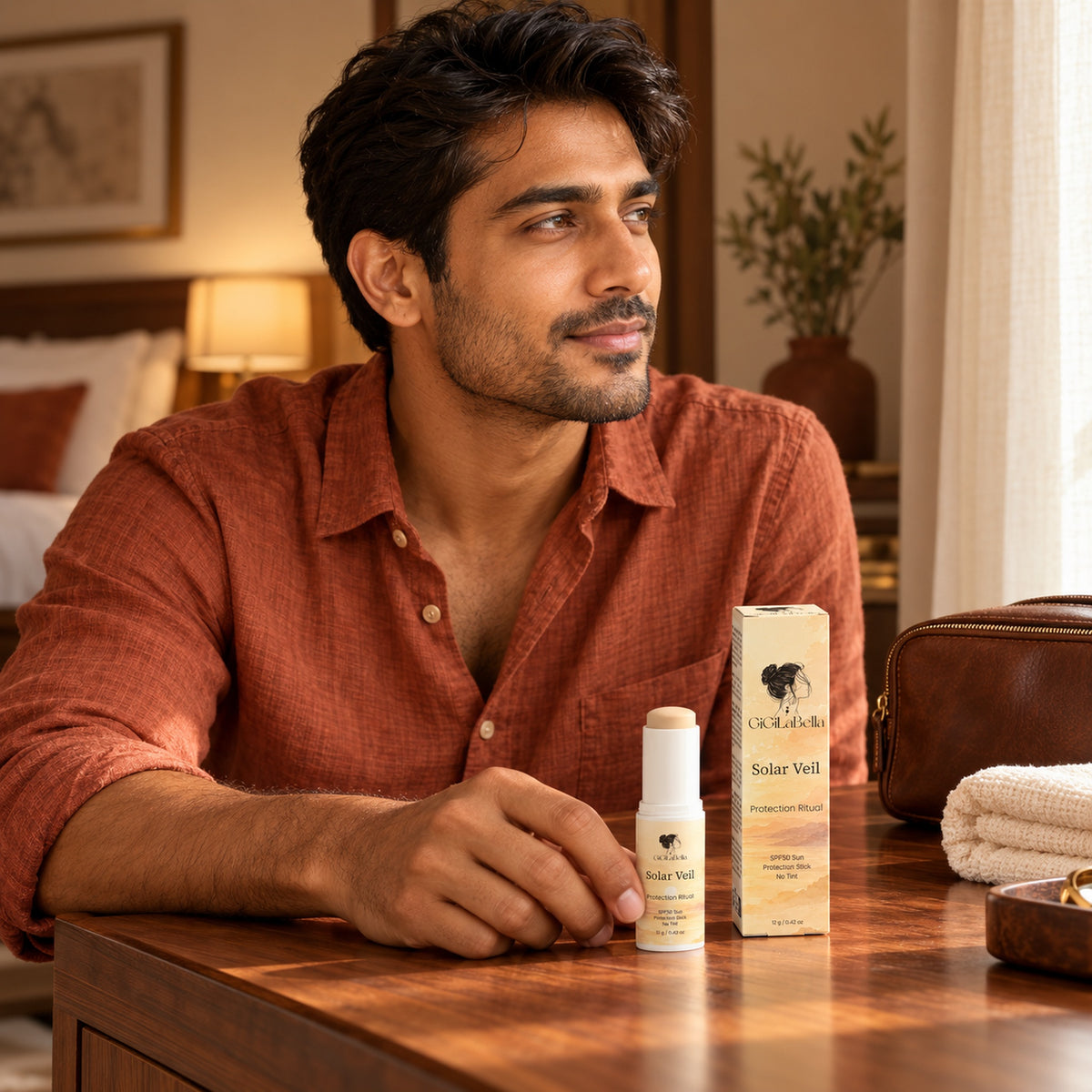 Man in rust-coloured linen sets Solar Veil beside its carton on a walnut dressing table