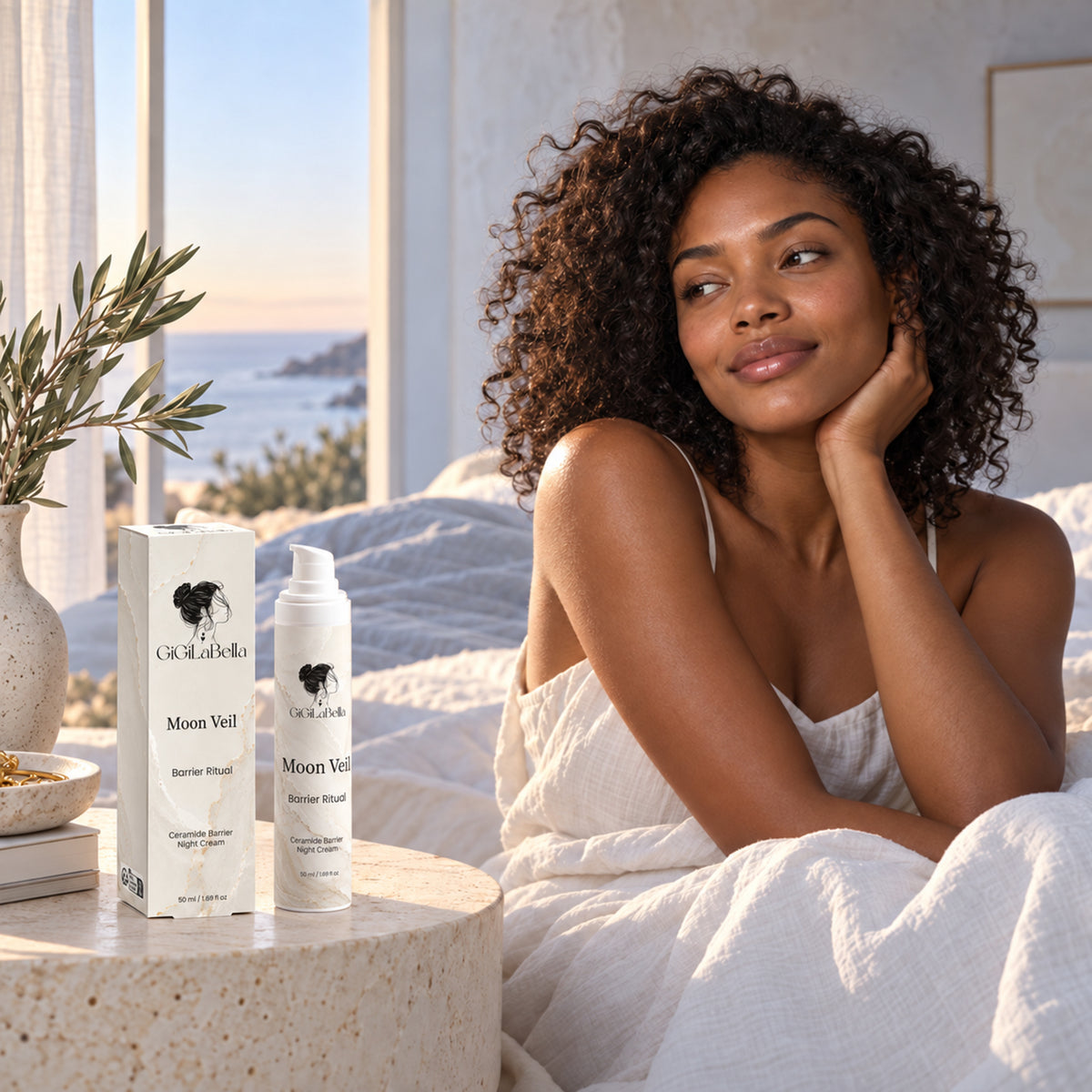 Woman beside Moon Veil night cream in a serene coastal bedroom at dawn