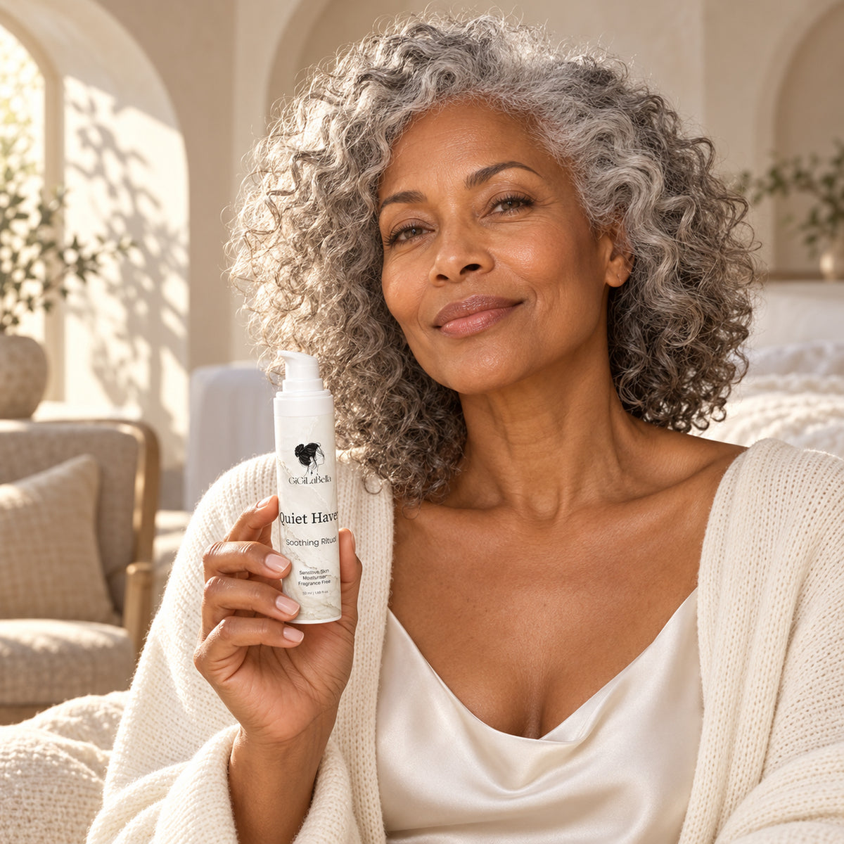 Mature woman holding Quiet Haven moisturiser in soft morning light