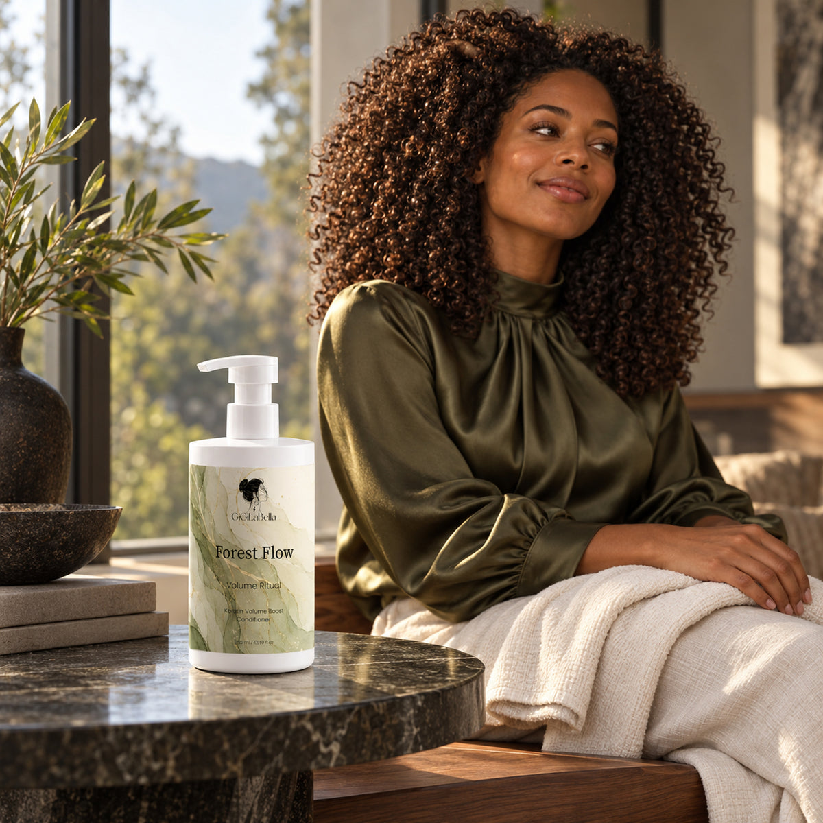 Model with defined curls after the Forest Flow hair ritual