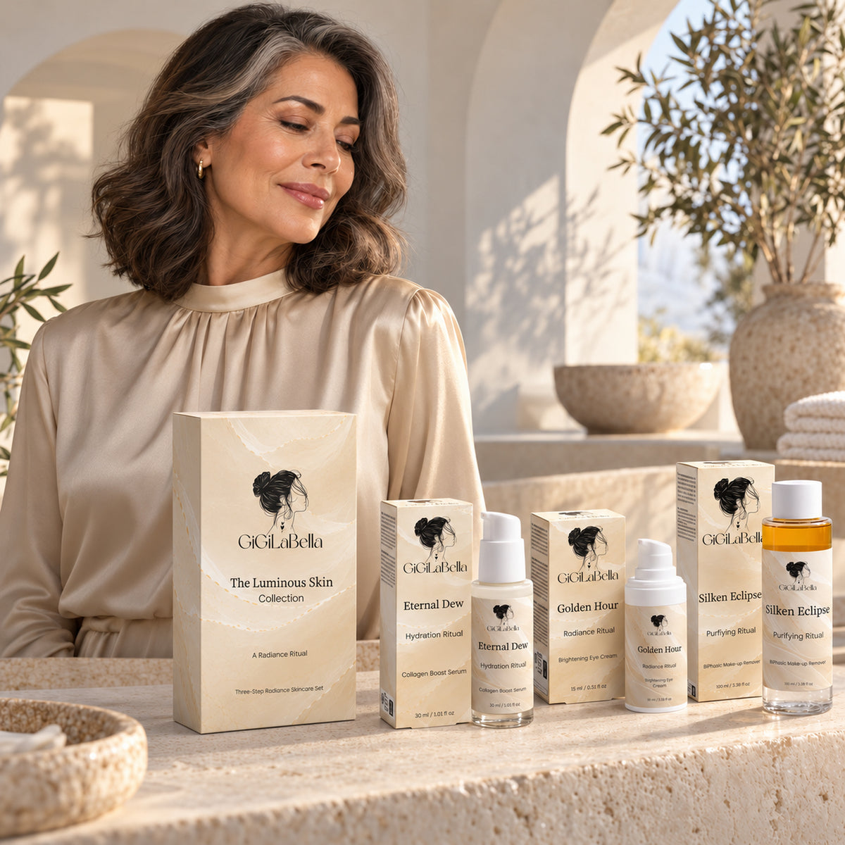 Mature model beside The Luminous Skin Collection skincare set with the slimmer presentation box