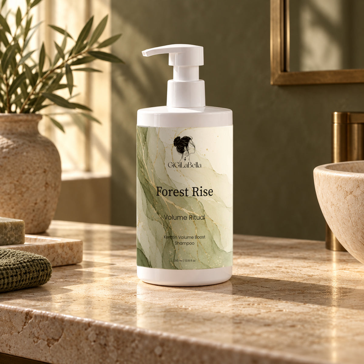 GiGiLaBella Forest Rise Keratin Volume Boost Shampoo grounded on a sunlit stone vanity