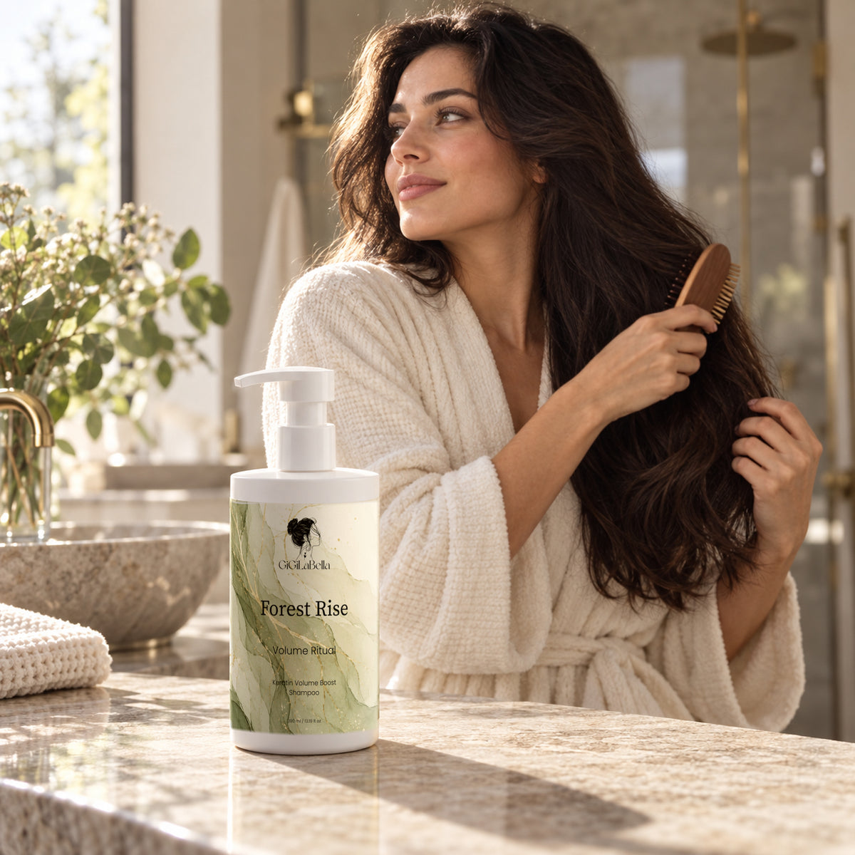 Forest Rise shampoo beside a woman brushing her hair in warm window light