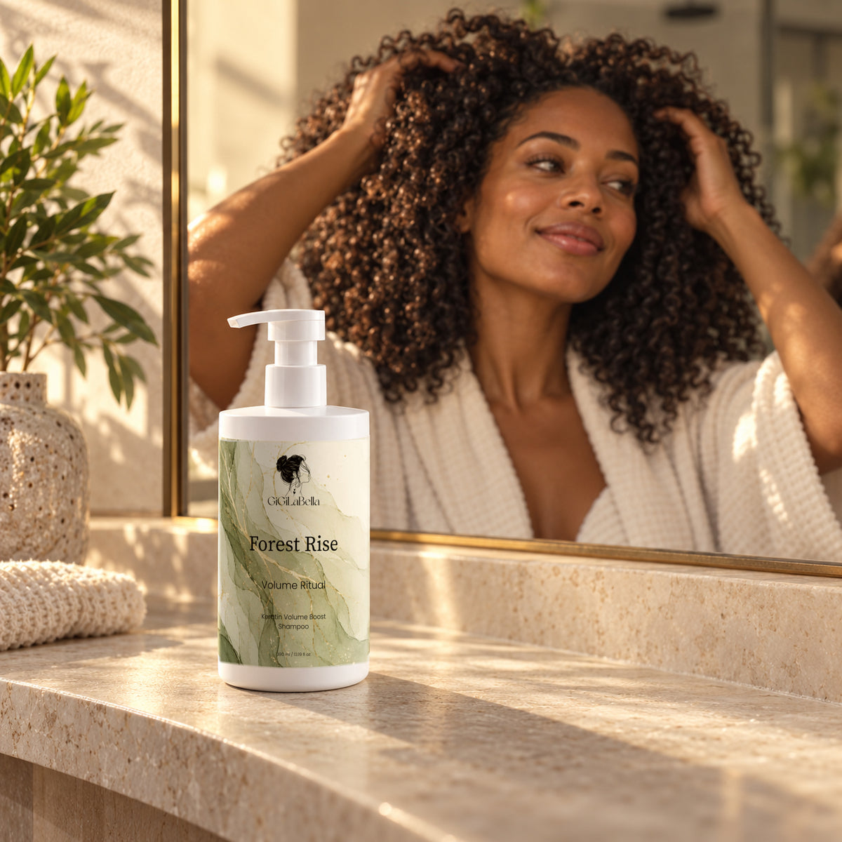 Forest Rise shampoo on a stone counter beside a woman lifting her natural curls