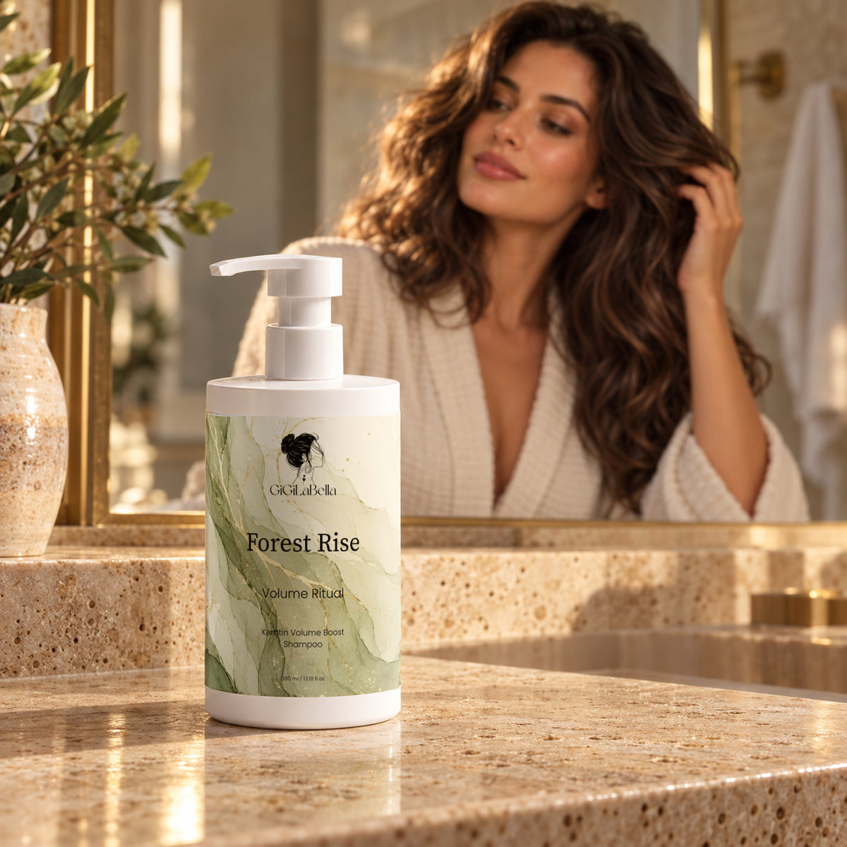 Forest Rise shampoo on a vanity as a woman styles voluminous brunette hair