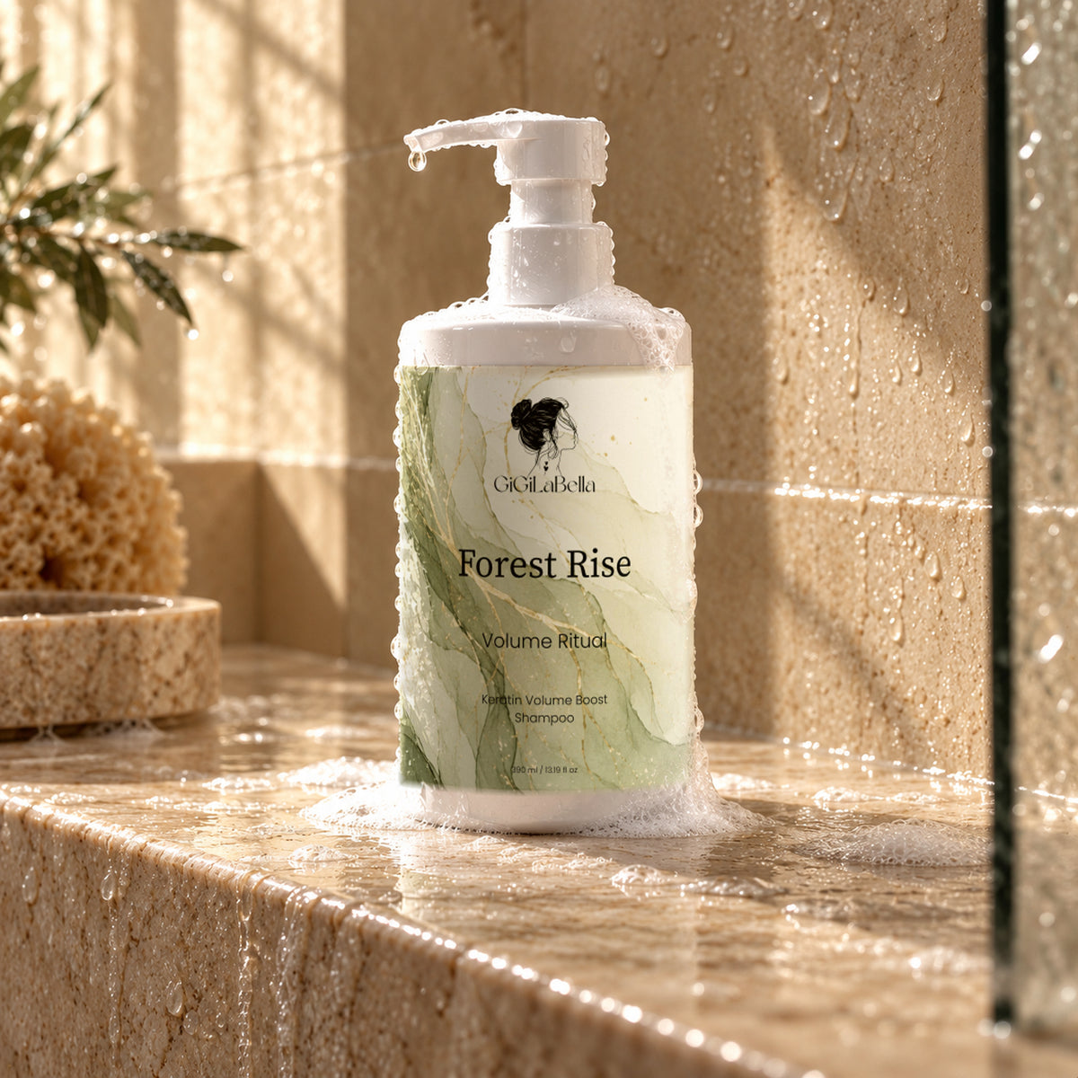 Forest Rise shampoo on a wet limestone shower shelf with delicate suds flowing down the bottle