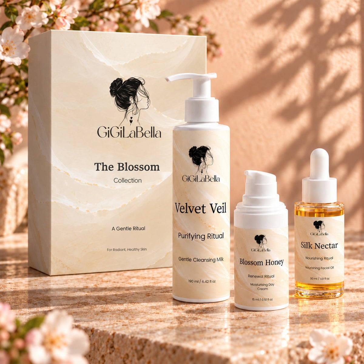 The Blossom Collection gift box and three skincare products on a sunlit stone vanity