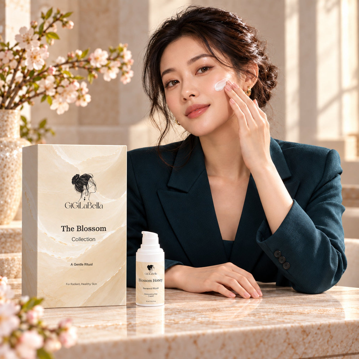 Model applying Blossom Honey moisturising day cream beside The Blossom Collection gift box