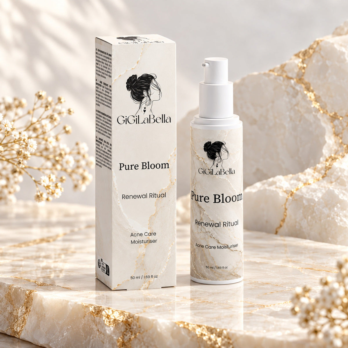 GiGiLaBella Pure Bloom moisturiser pump bottle and carton on a pale alabaster slab