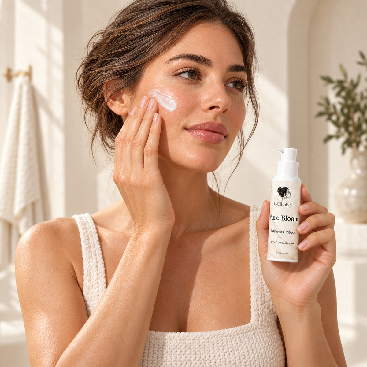 Standing model applying Pure Bloom moisturiser to cheek while holding its small white pump bottle