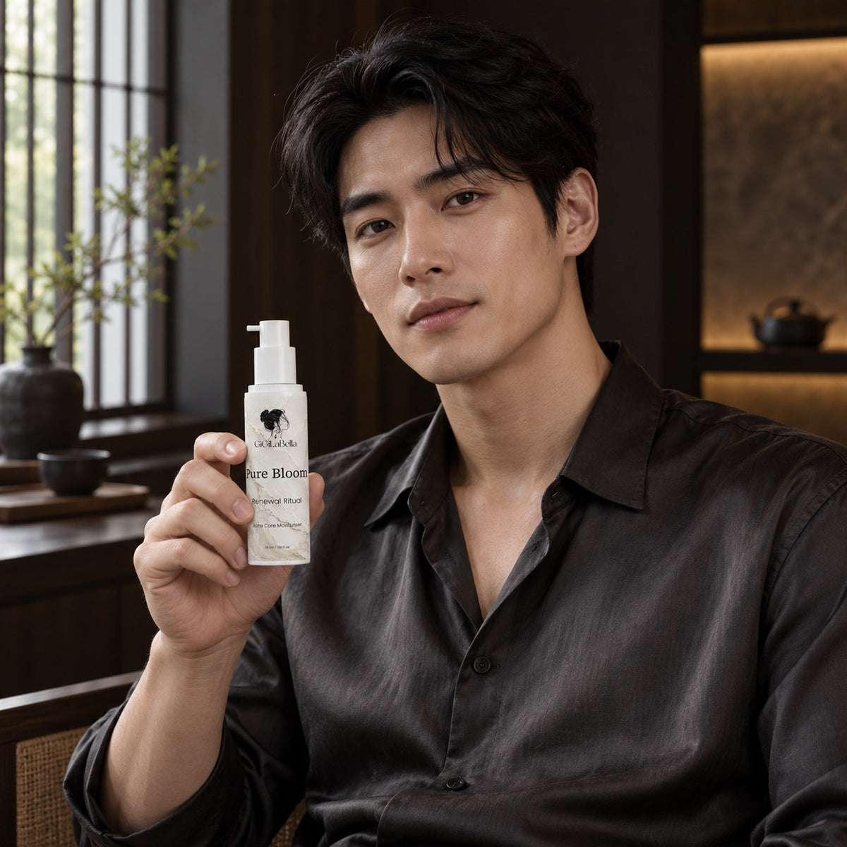 Model in a dark tea room holding the Pure Bloom moisturiser bottle