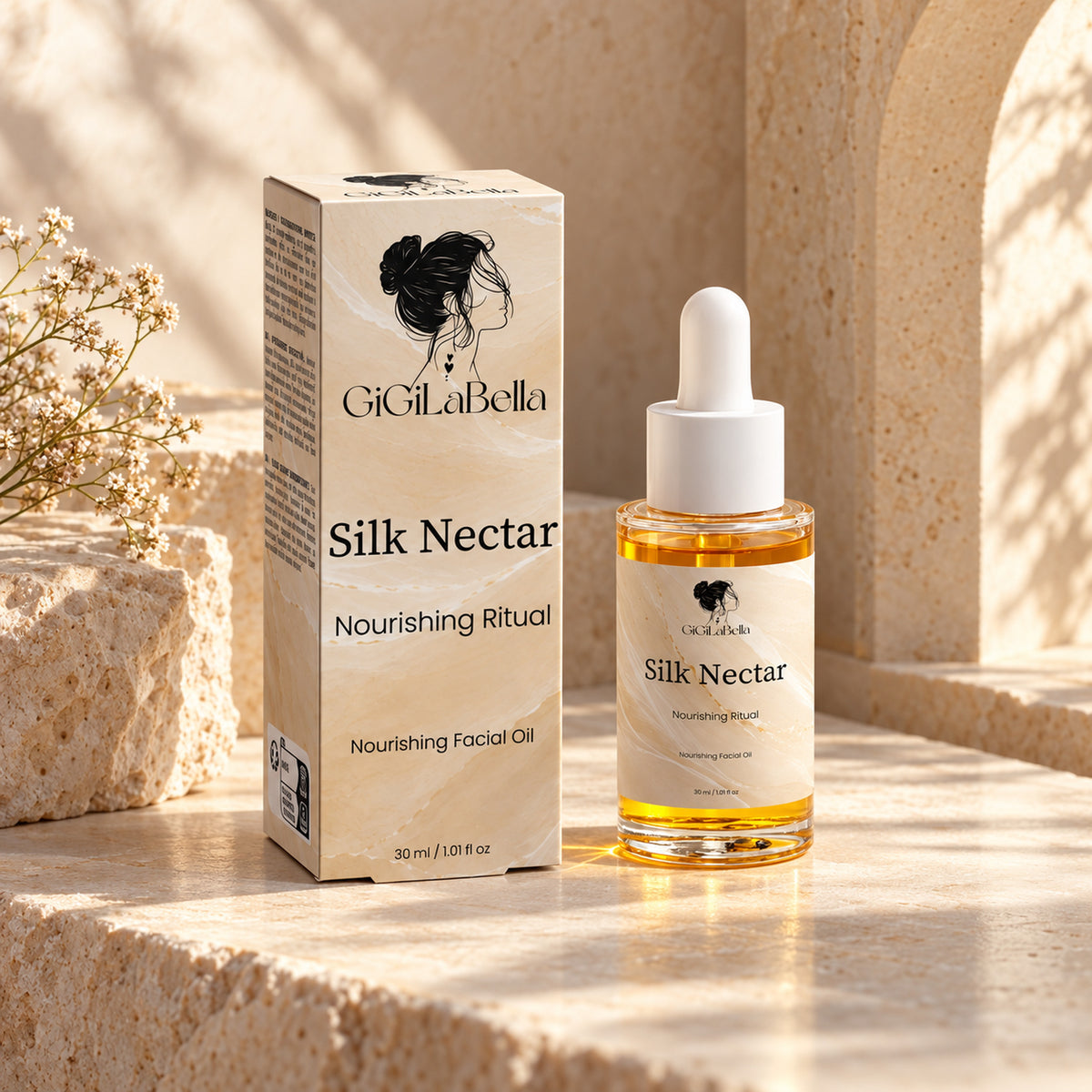 Silk Nectar facial oil bottle and carton on sunlit alabaster
