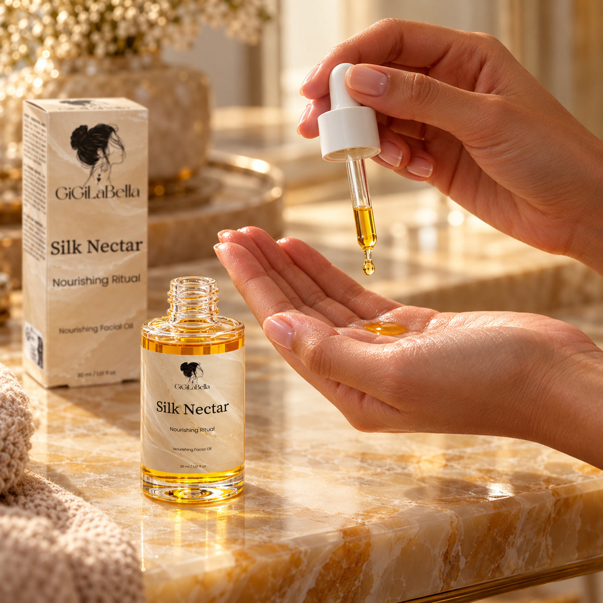 Two hands dispensing Silk Nectar facial oil beside the labelled bottle