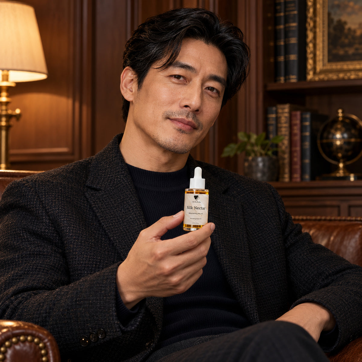 Model in a walnut library holding a small Silk Nectar facial oil bottle