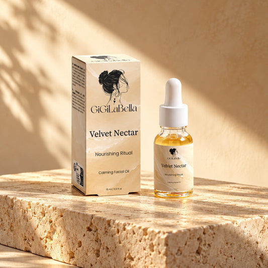 GiGiLaBella Velvet Nectar Calming Facial Oil bottle and carton on a warm travertine pedestal