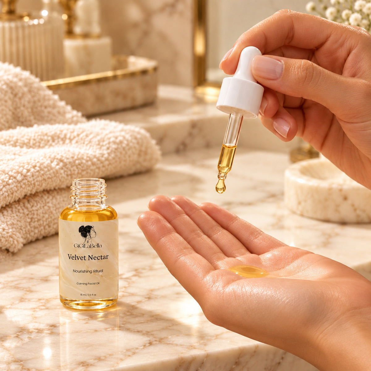 Velvet Nectar facial oil bottle on a vanity while two hands dispense oil onto an open palm